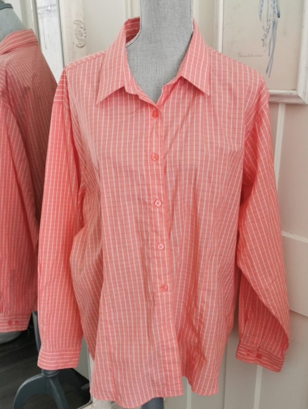 Vintage Preppy Tabi International Pink Coral PinStripe Button Down Blouse. XXL